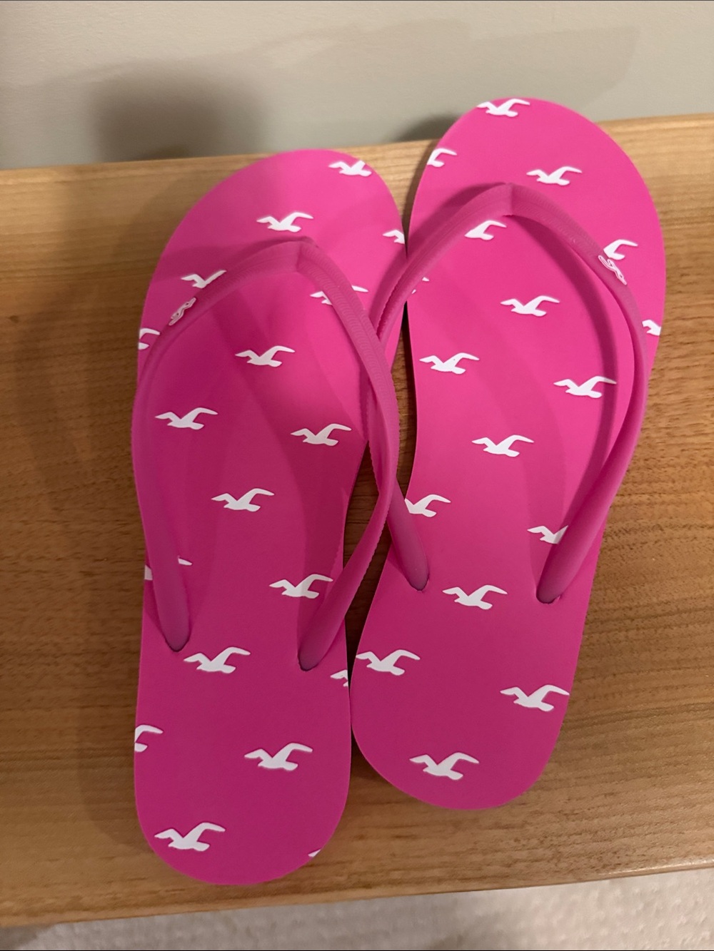 Hollister Hot Pink Flip Flop Sandals with White Seagull Print